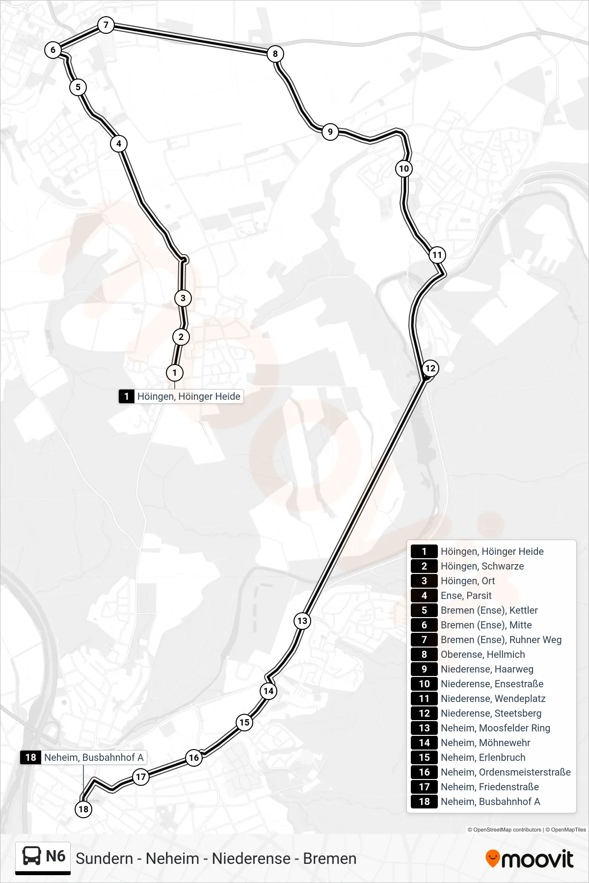 N6 bus Line (Neheim, Busbahnhof A) route and stops on a map