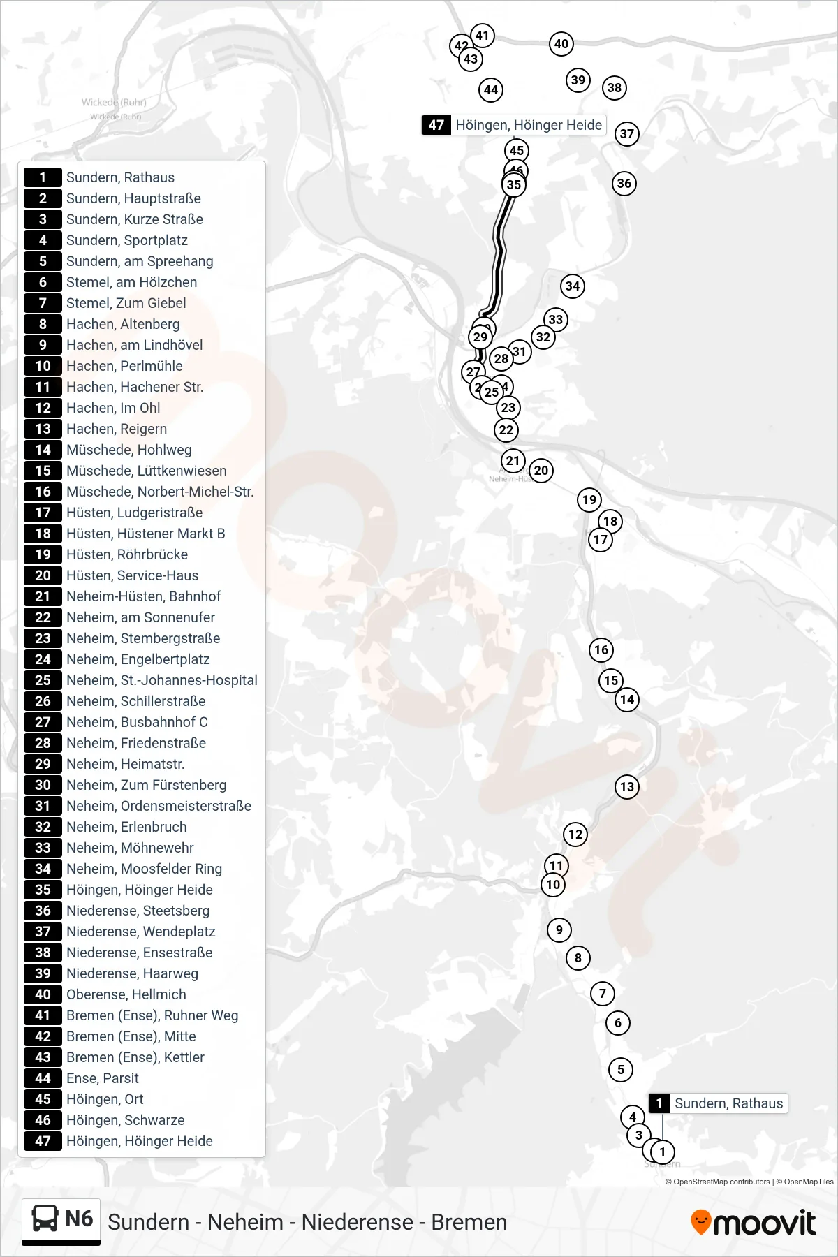 N6 bus Line (Höingen, Höinger Heide) route and stops on a map
