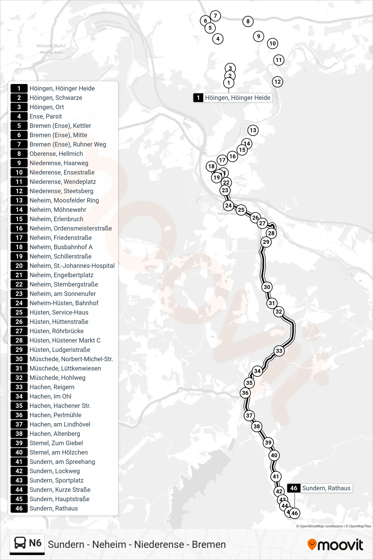 N6 bus Line (Sundern, Rathaus) route and stops on a map