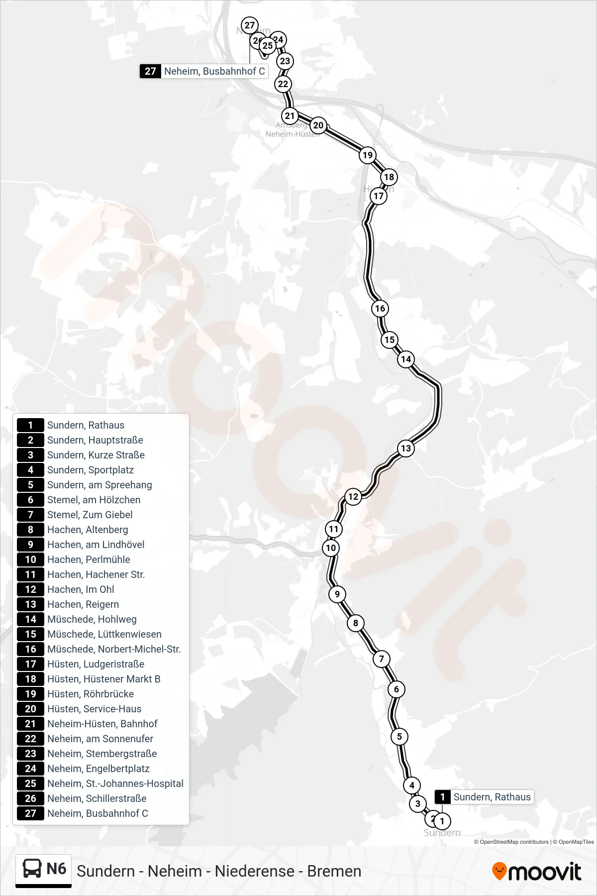 Linie N6 (Bus) Richtung Neheim, Busbahnhof C: Route und Haltestellen auf der Karte