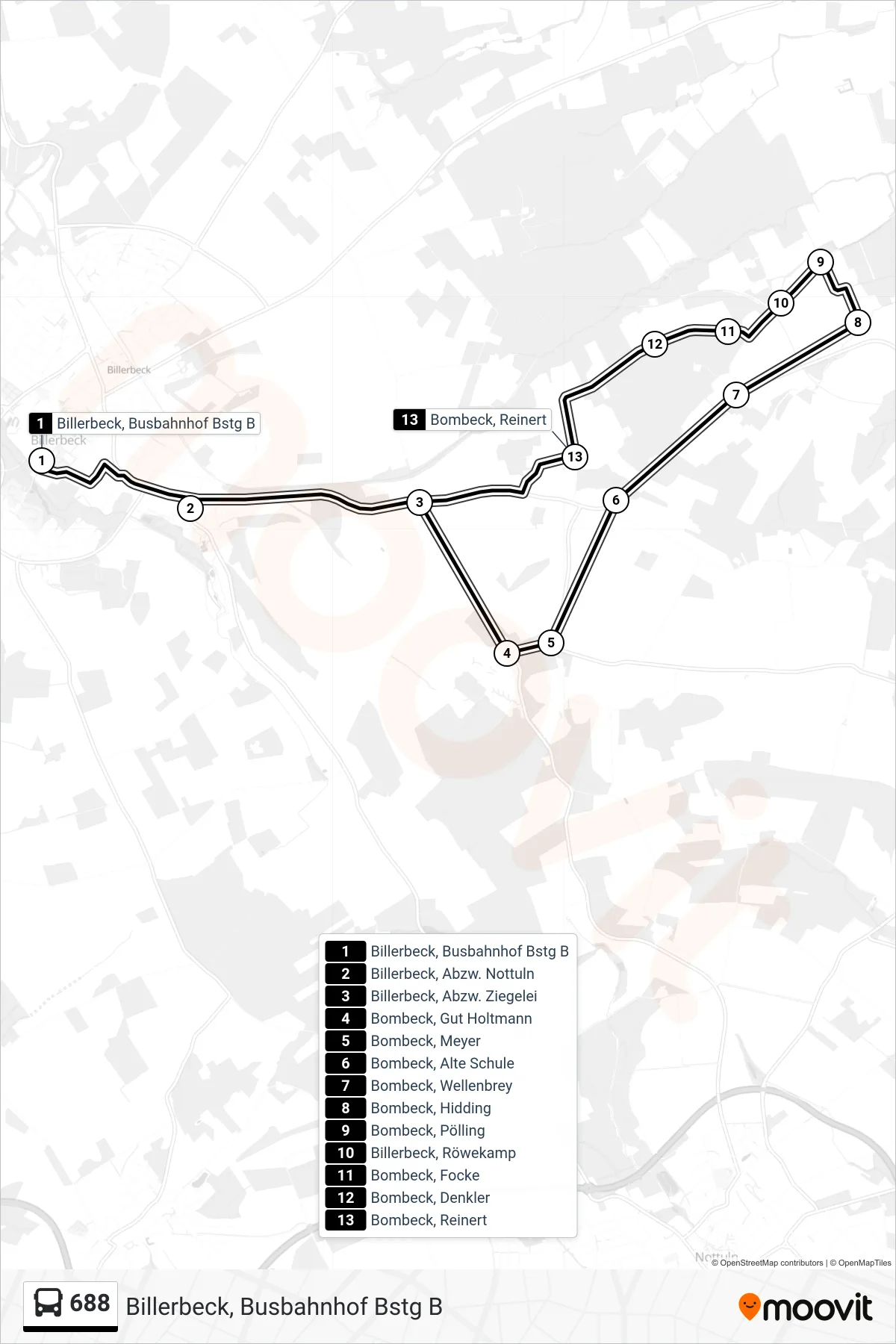 Linie 688 (Bus) Richtung Billerbeck, Busbahnhof Bstg B: Route und Haltestellen auf der Karte