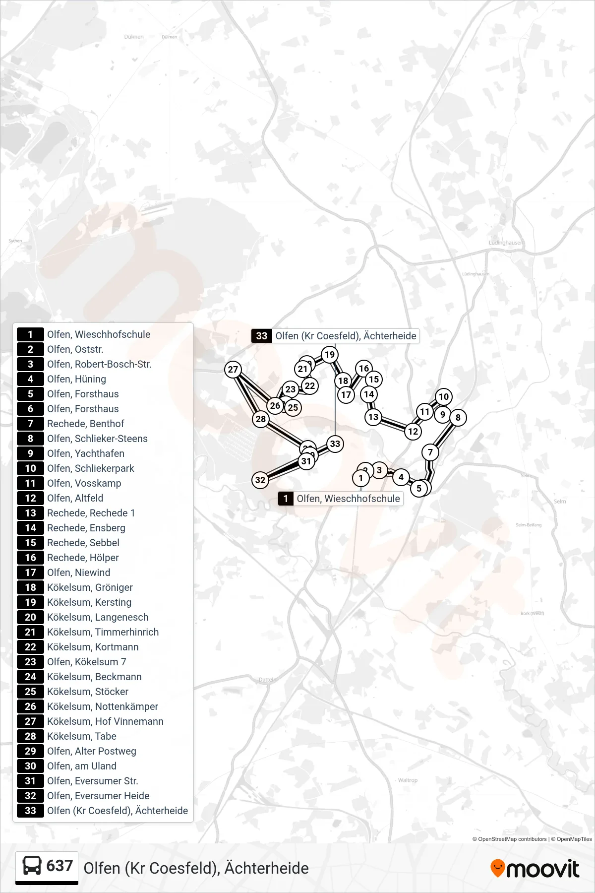 637 bus Line (Olfen (Kr Coesfeld), Ächterheide) route and stops on a map
