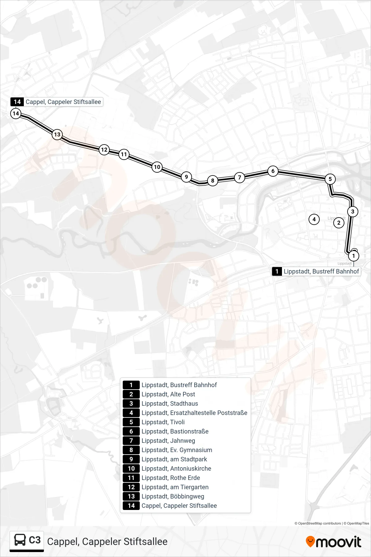 Linie C3 (Bus) Richtung Cappel, Cappeler Stiftsallee: Route und Haltestellen auf der Karte