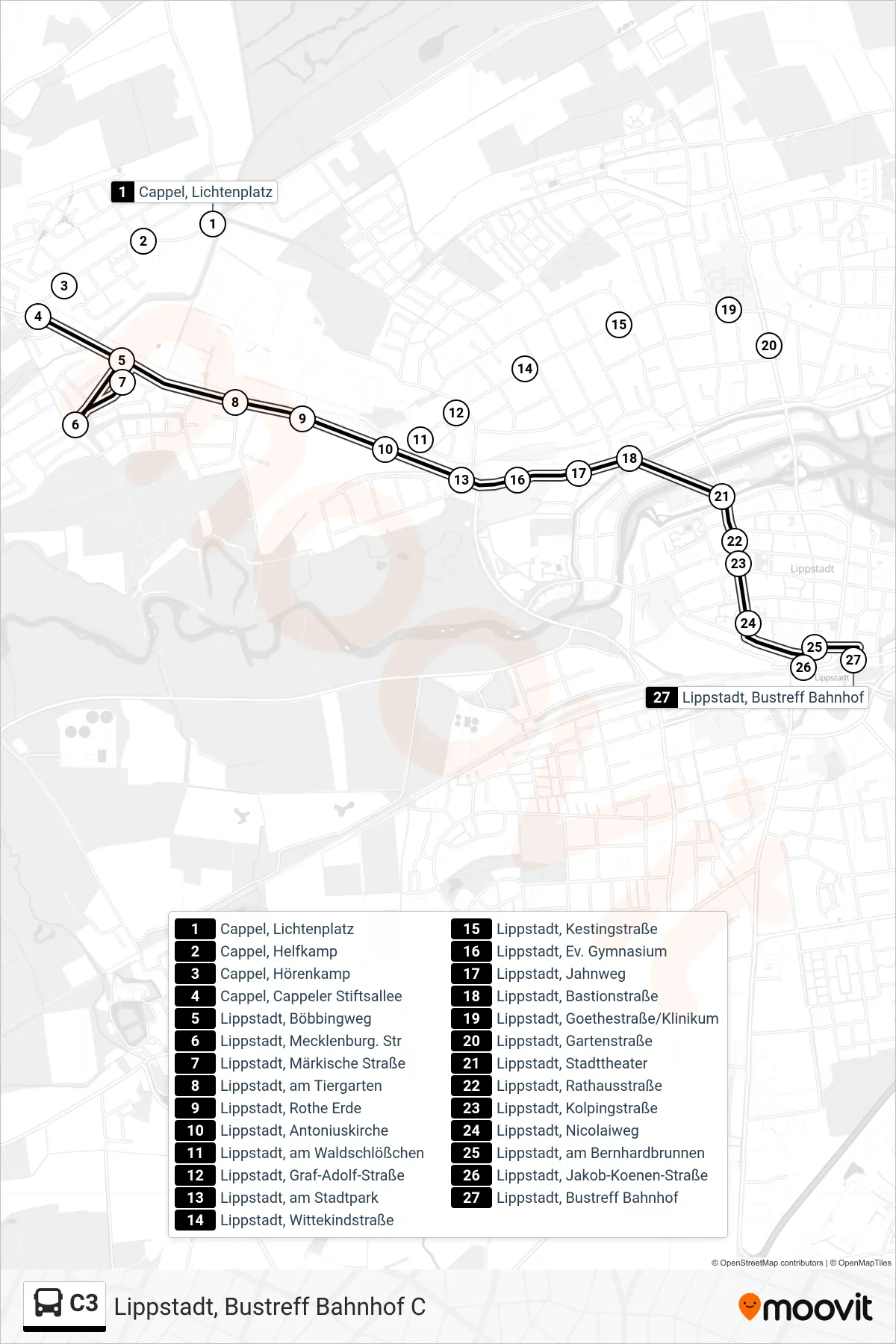 Linie C3 (Bus) Richtung Lippstadt, Bustreff Bahnhof C: Route und Haltestellen auf der Karte