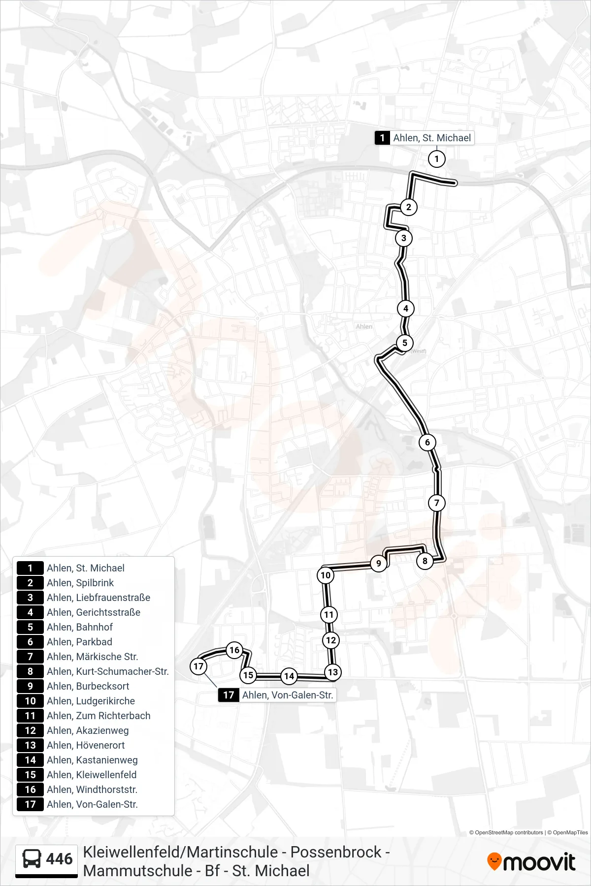 446 bus Line (Ahlen, Von-Galen-Str.) route and stops on a map