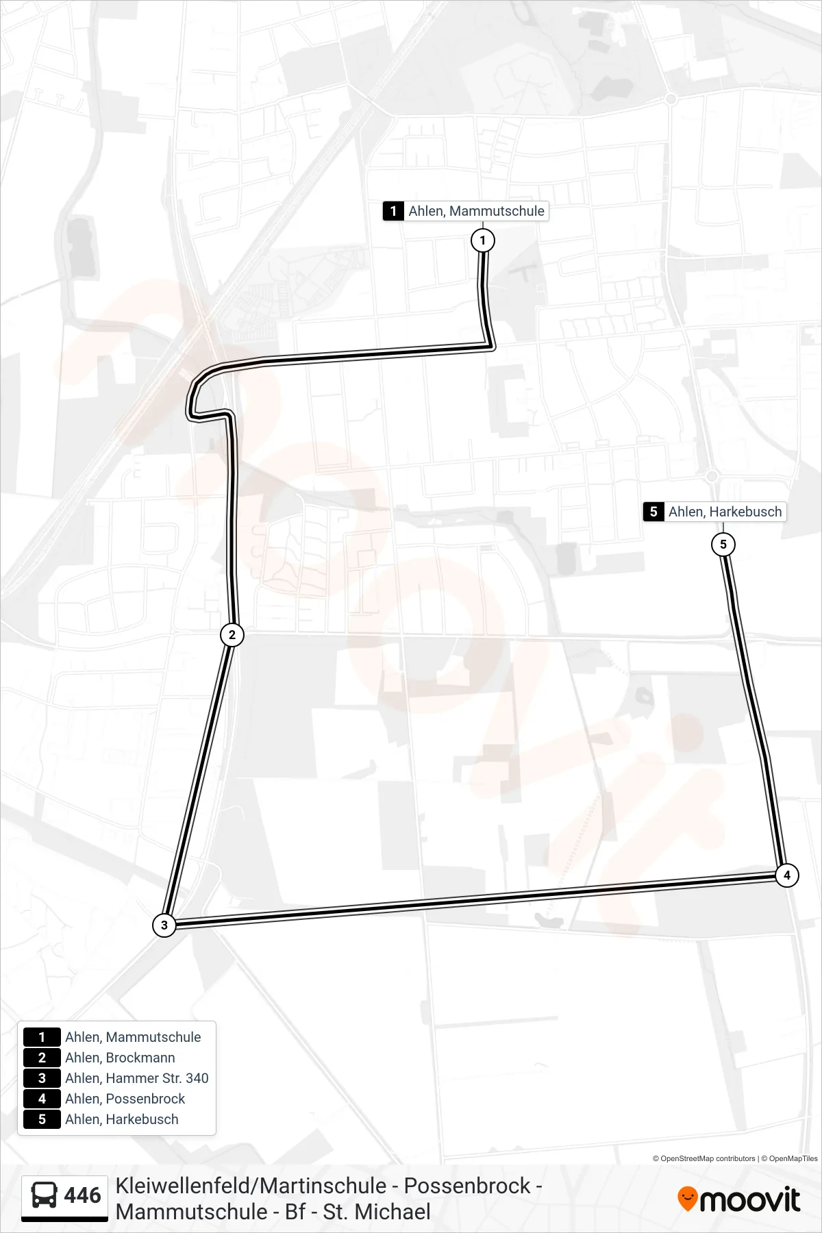 Linie 446 (Bus) Richtung Ahlen, Harkebusch: Route und Haltestellen auf der Karte