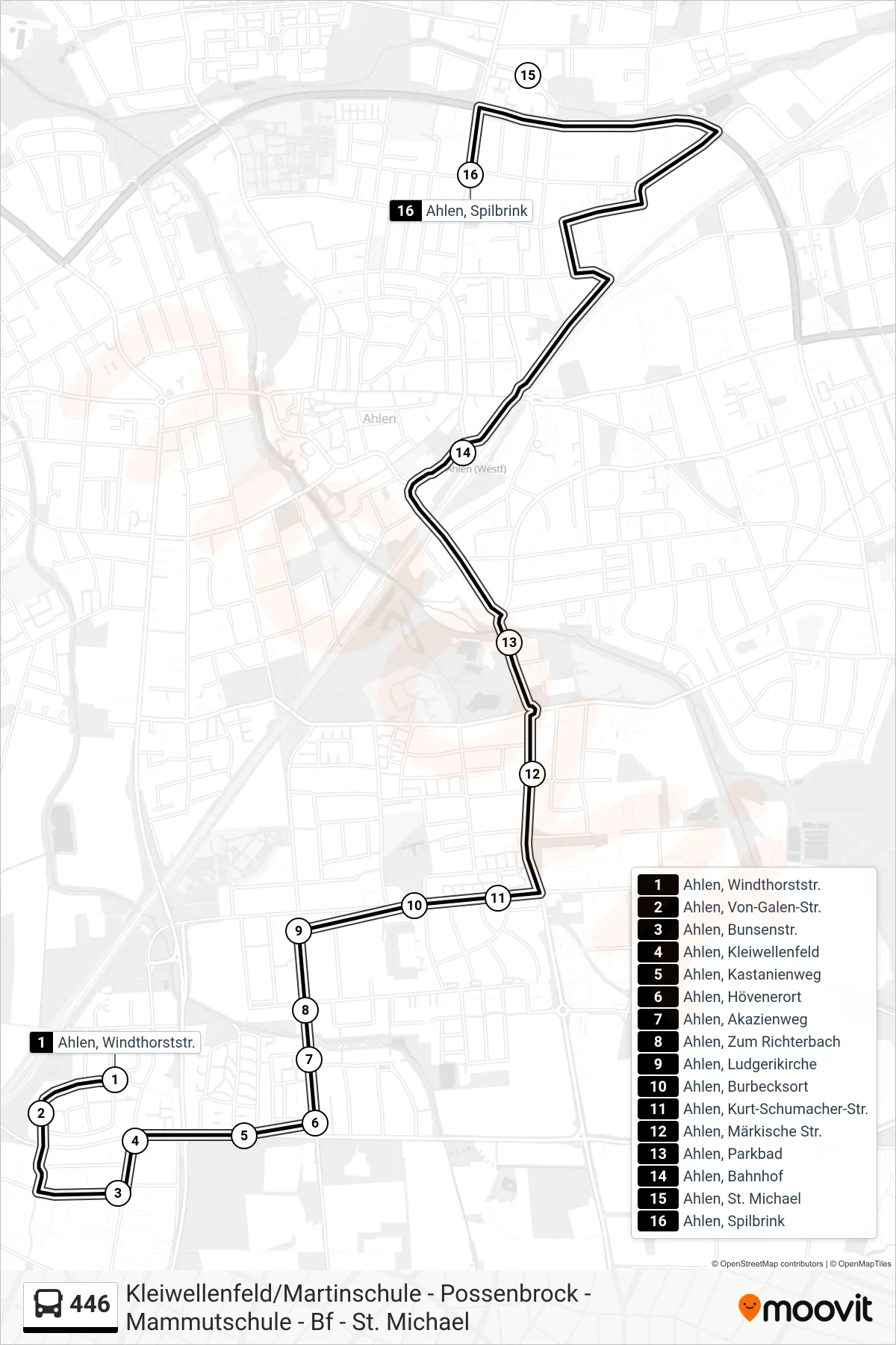 446 bus Line (Ahlen, Spilbrink) route and stops on a map