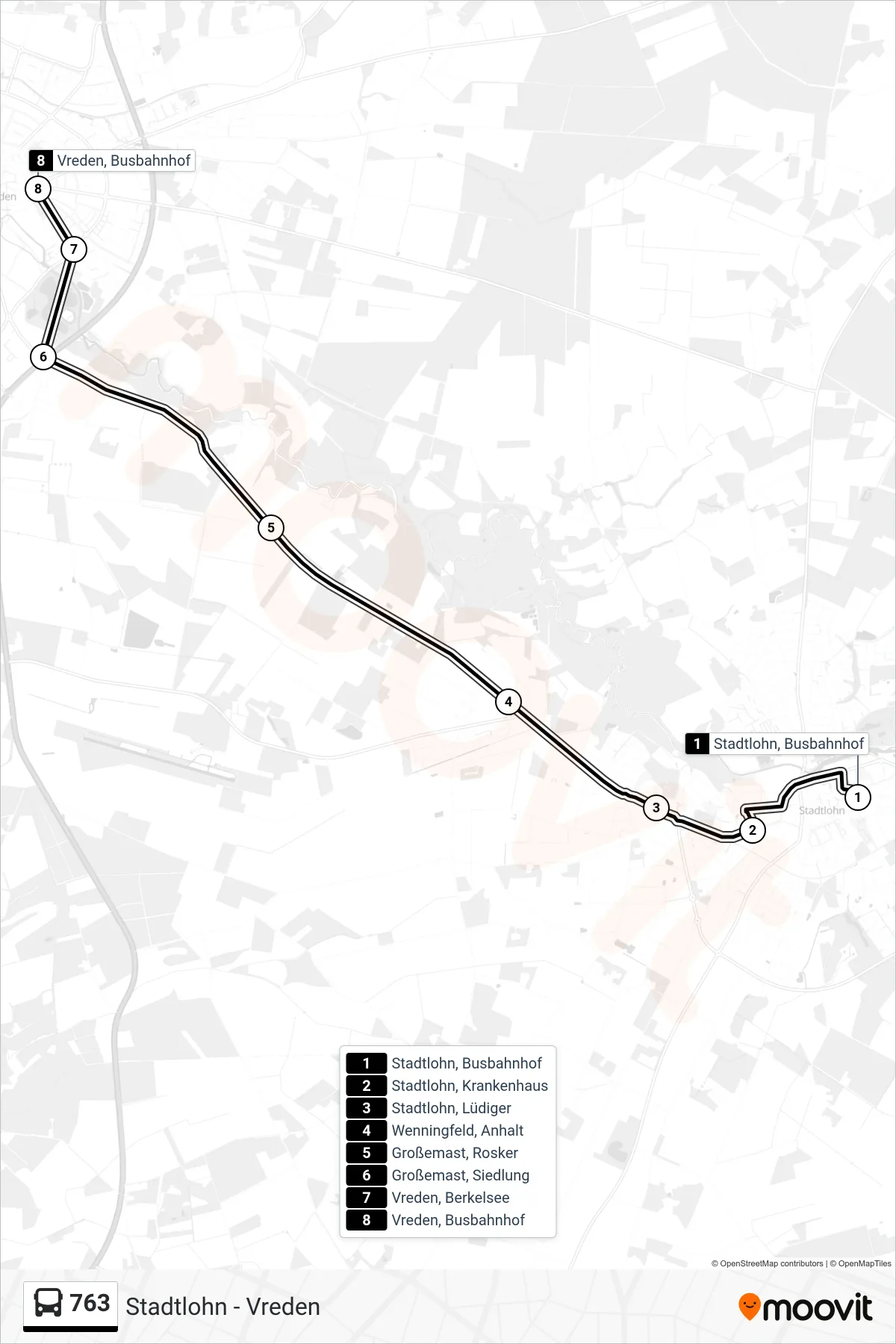 Linie 763 (Bus) Richtung Vreden, Busbahnhof Bstg A: Route und Haltestellen auf der Karte