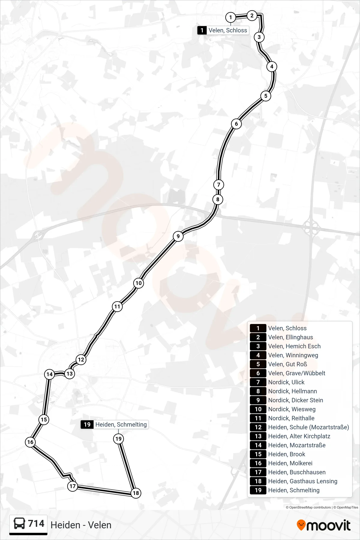 714 bus Line (Heiden, Schmelting) route and stops on a map
