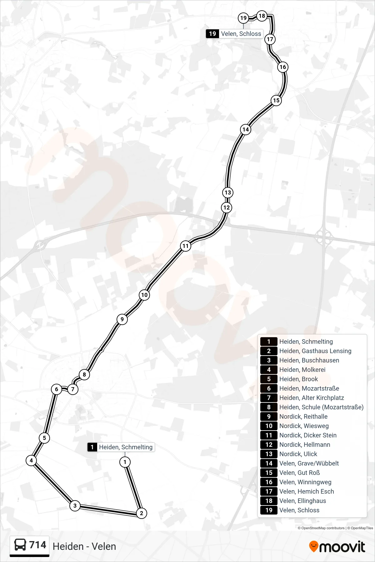 714 bus Line (Velen, Schloss) route and stops on a map