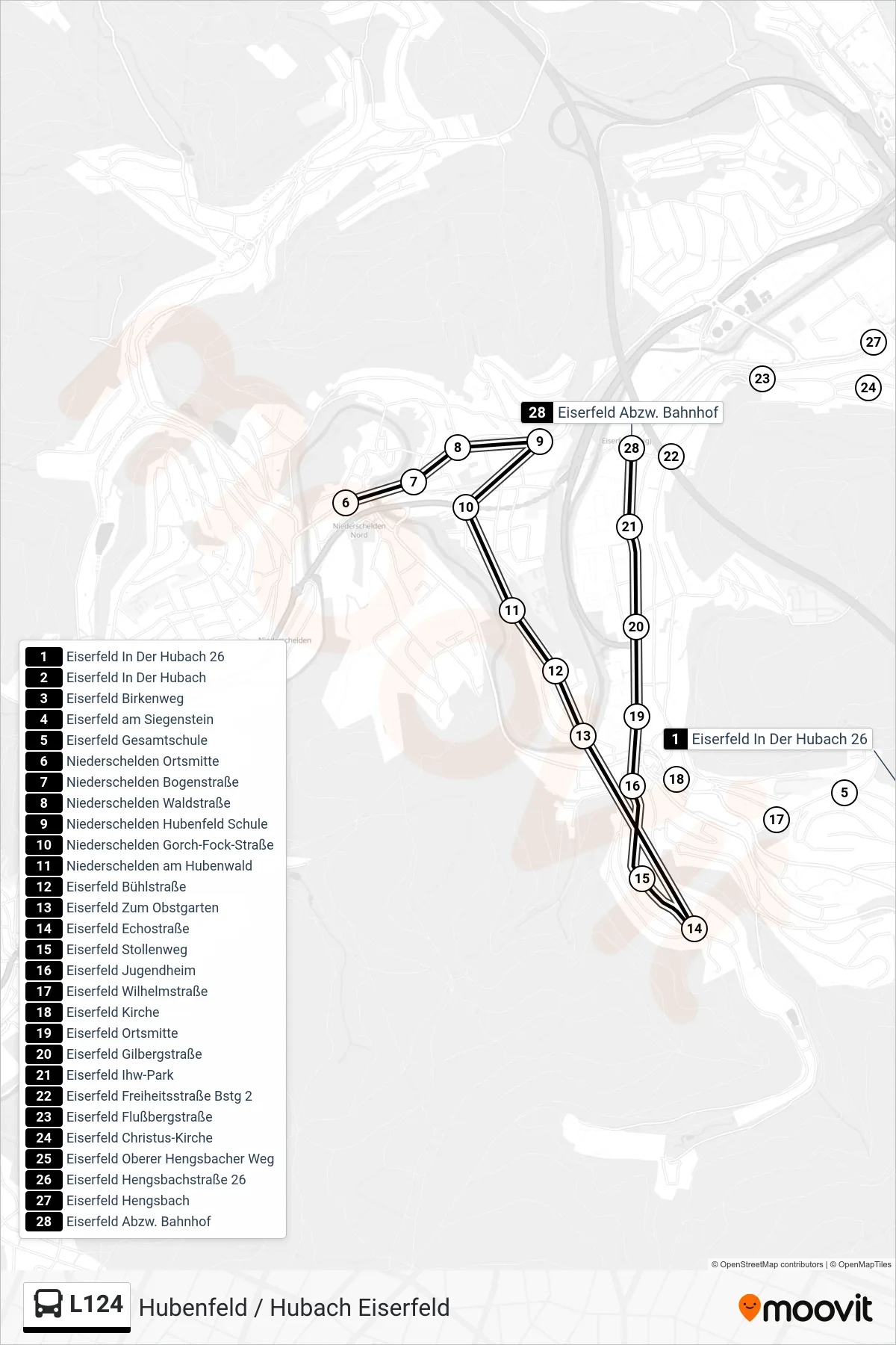 L124 bus Line (Eiserfeld Abzw. Bahnhof) route and stops on a map