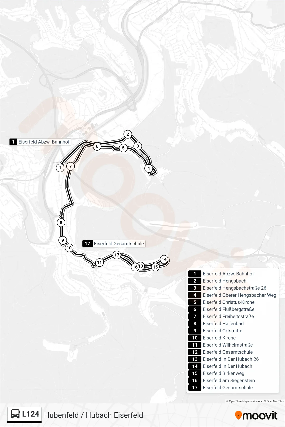 L124 bus Line (Eiserfeld Gesamtschule) route and stops on a map