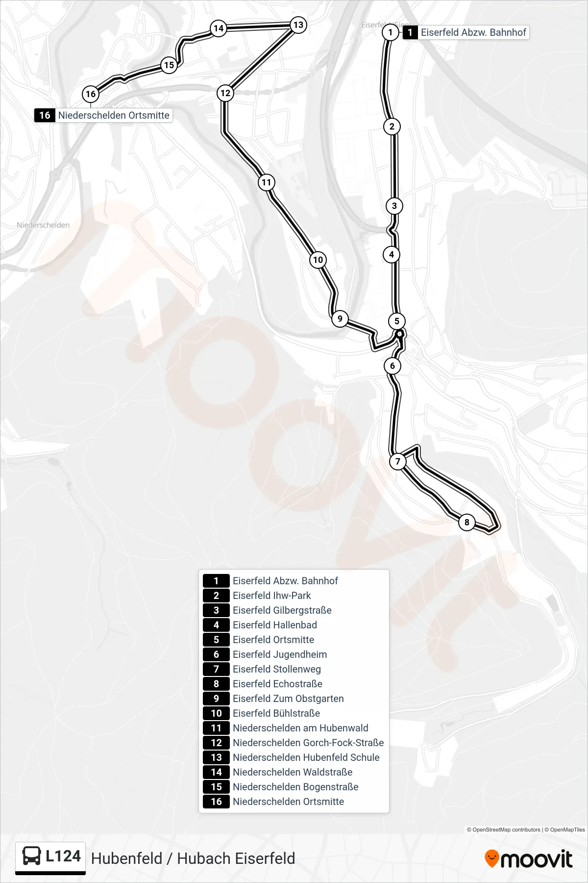 Linie L124 (Bus) Richtung Niederschelden Ortsmitte: Route und Haltestellen auf der Karte