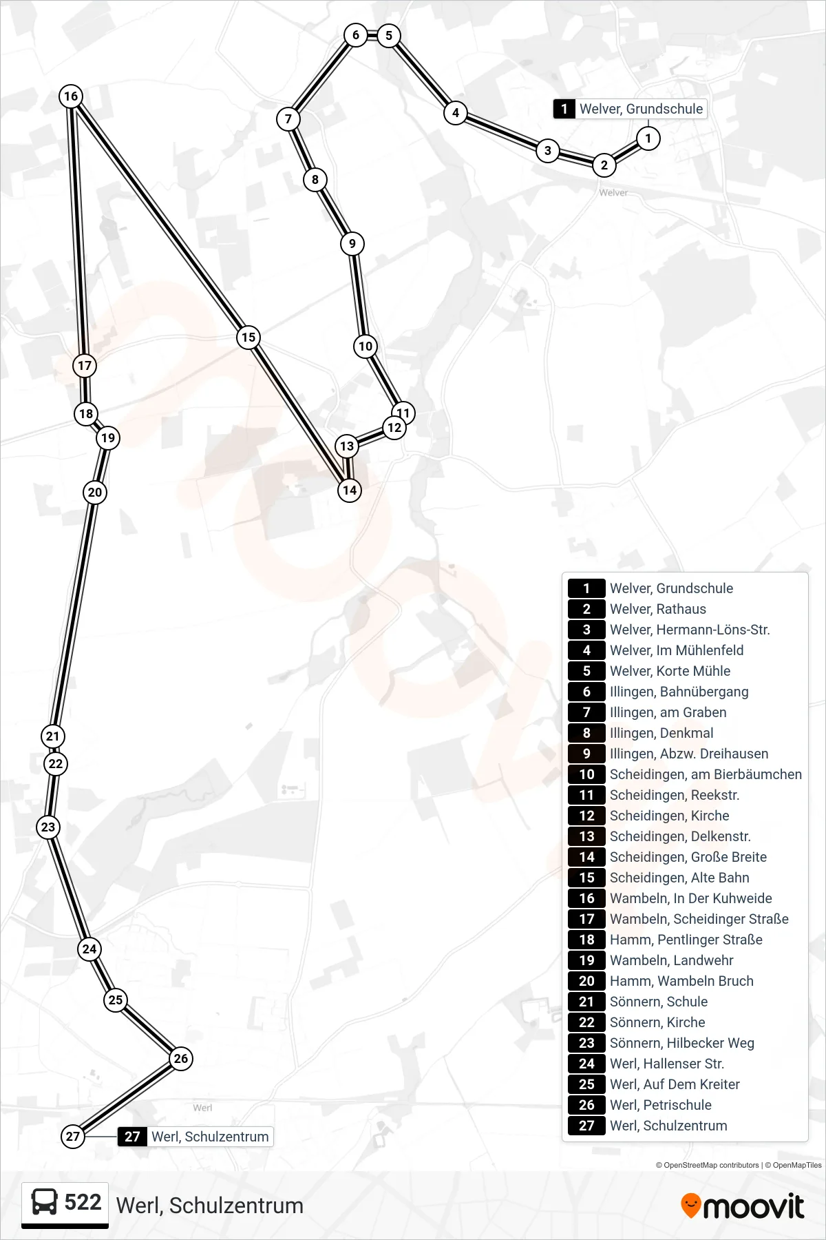 522 bus Line (Werl, Schulzentrum) route and stops on a map