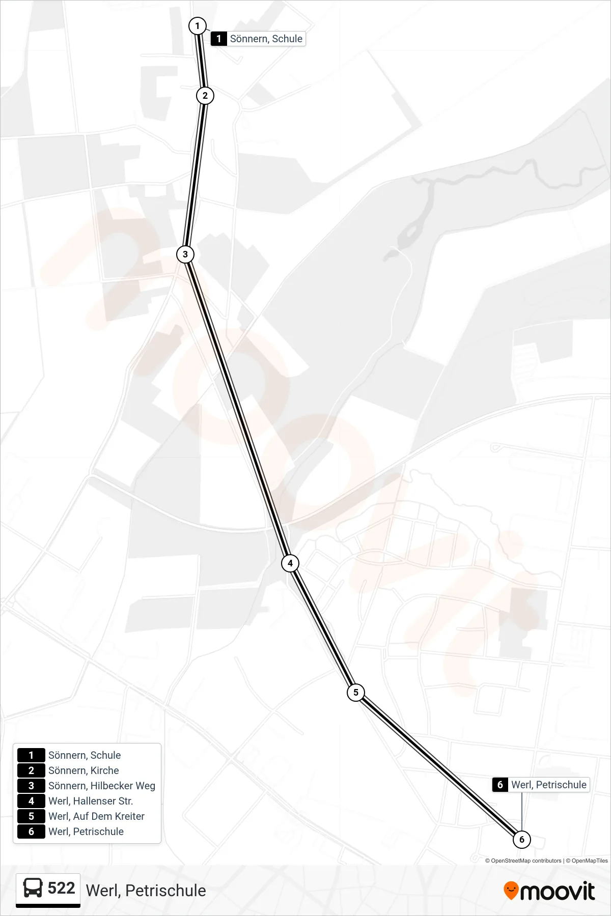 522 bus Line (Werl, Petrischule) route and stops on a map