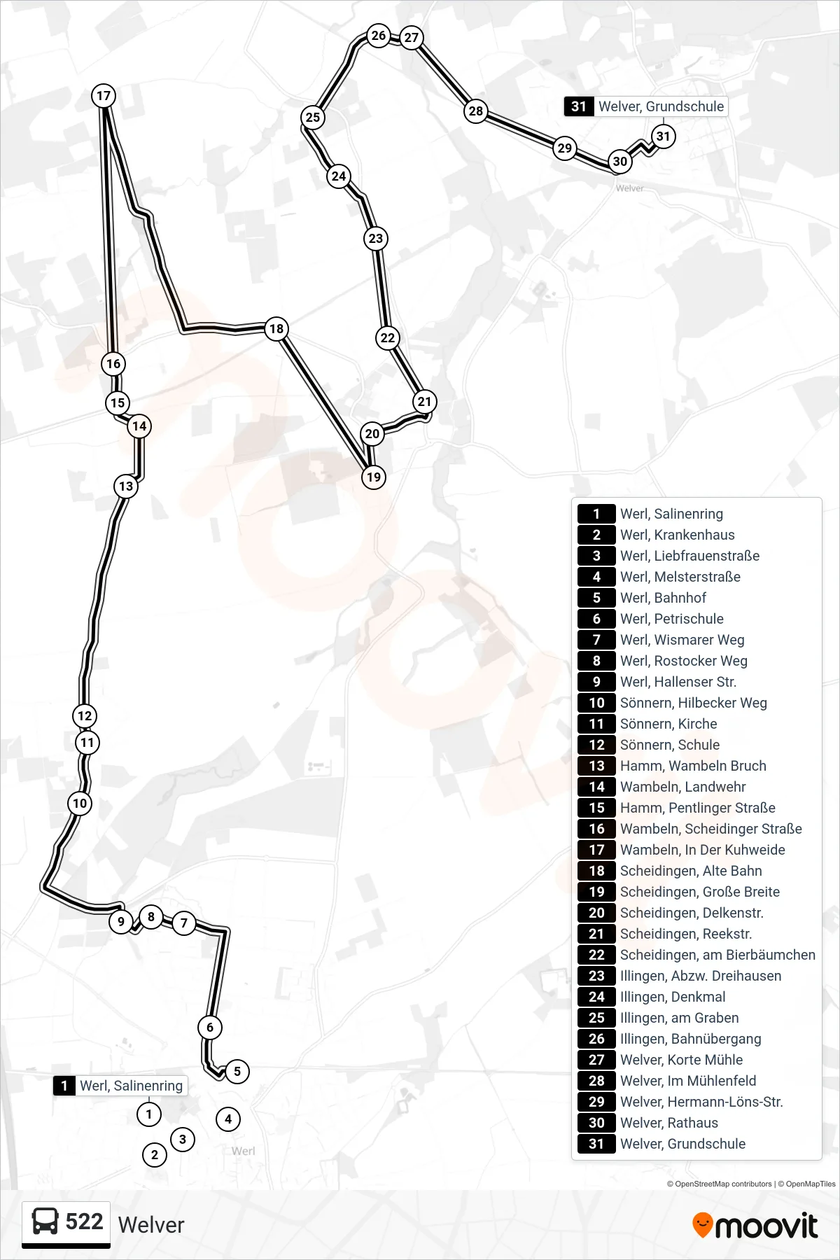 522 bus Line (Welver) route and stops on a map