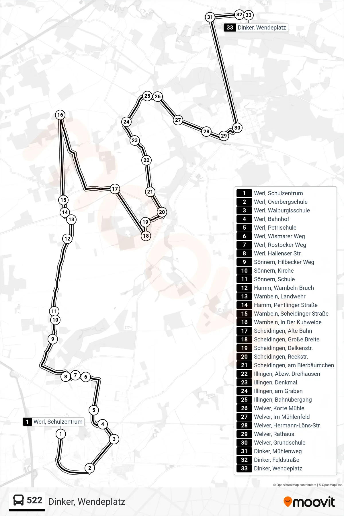 522 bus Line (Dinker, Wendeplatz) route and stops on a map