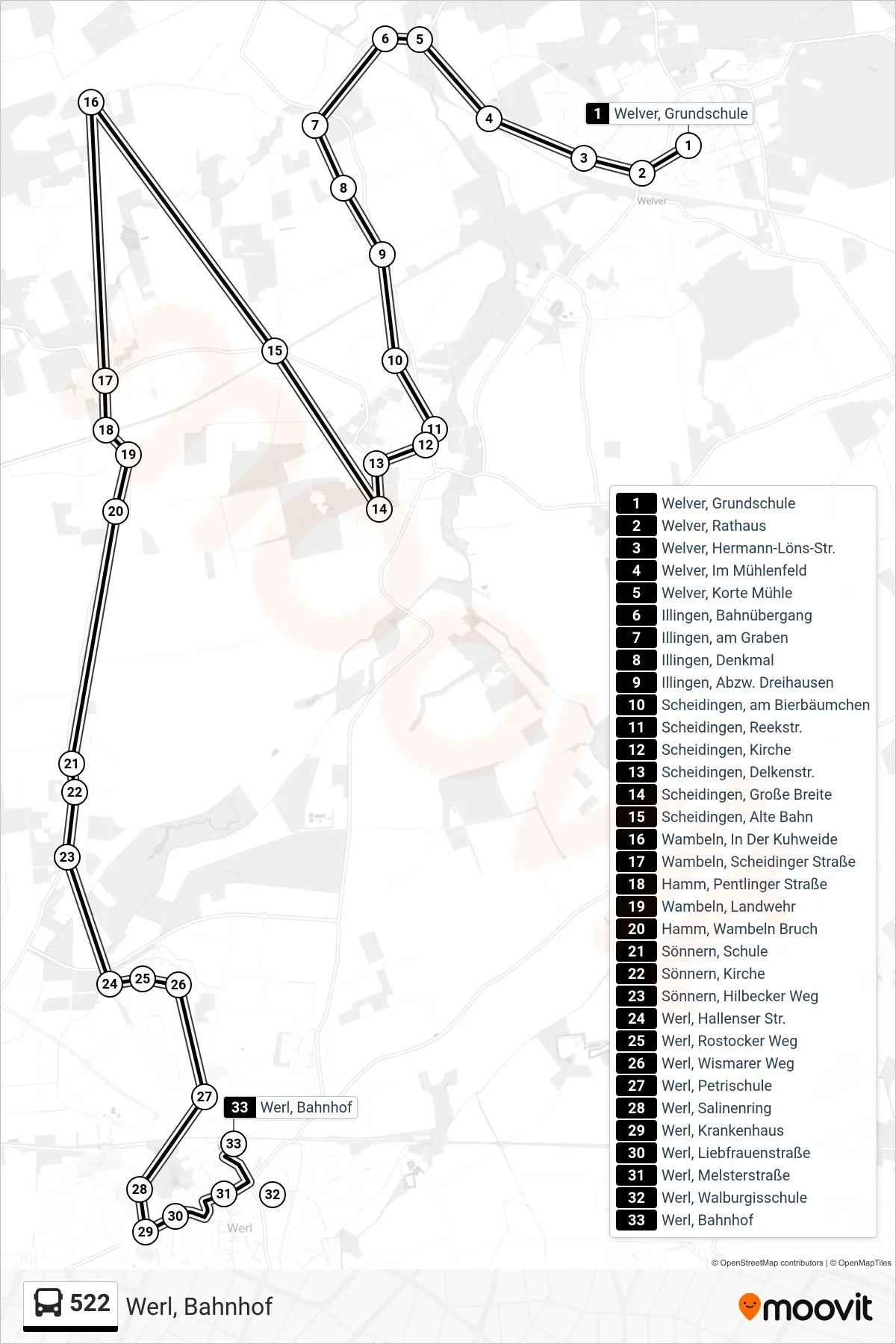 522 bus Line (Werl, Bahnhof) route and stops on a map