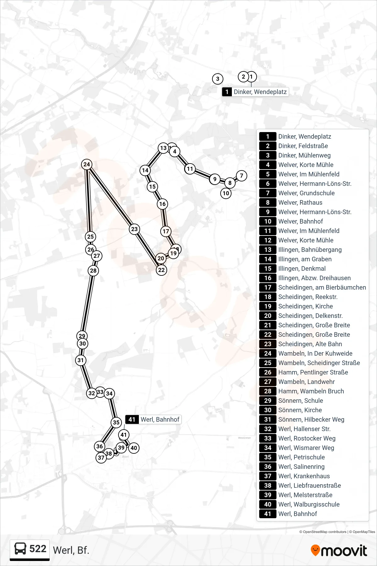 522 bus Line (Werl, Bf.) route and stops on a map