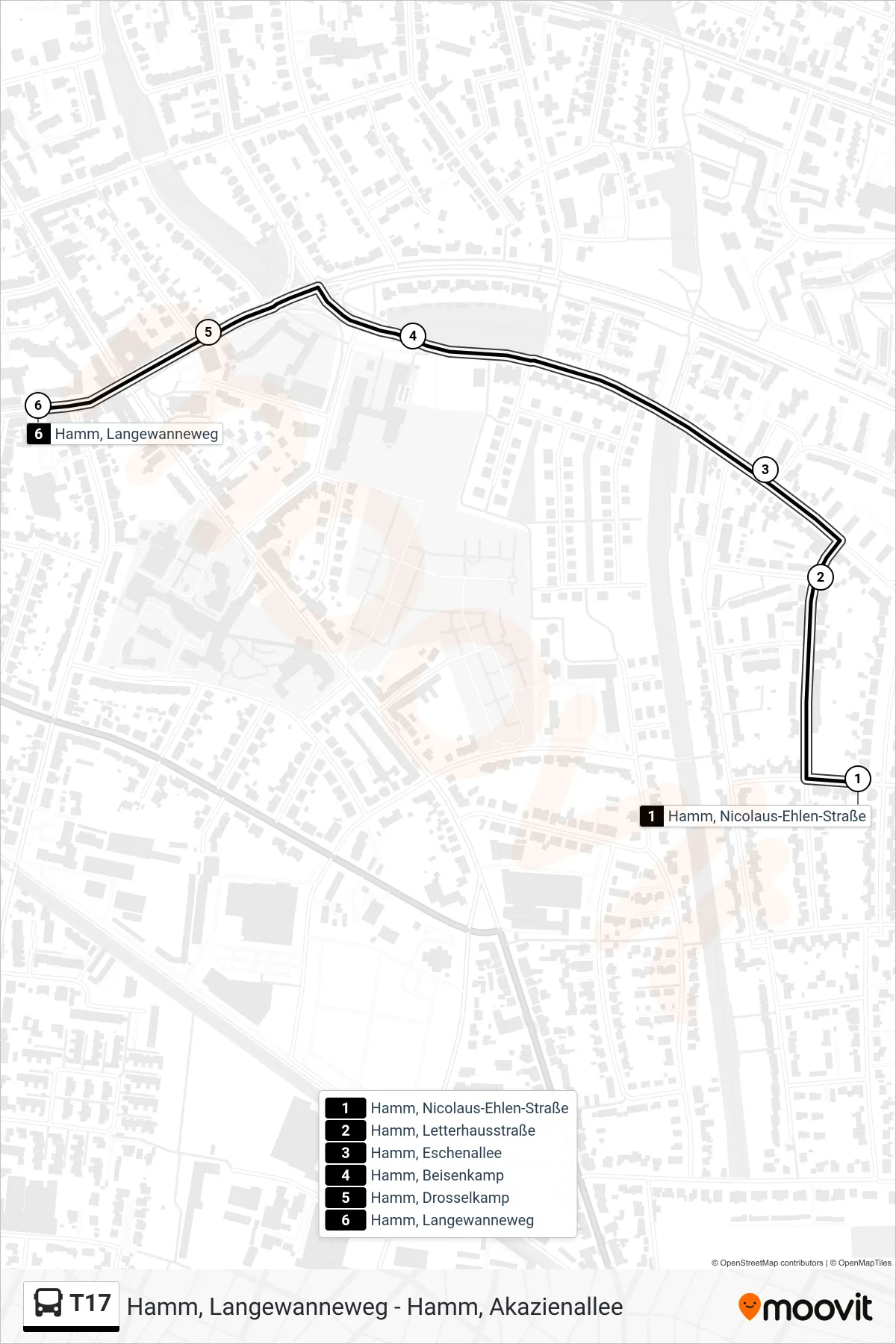 T17 bus Line (Hamm, Langewanneweg) route and stops on a map