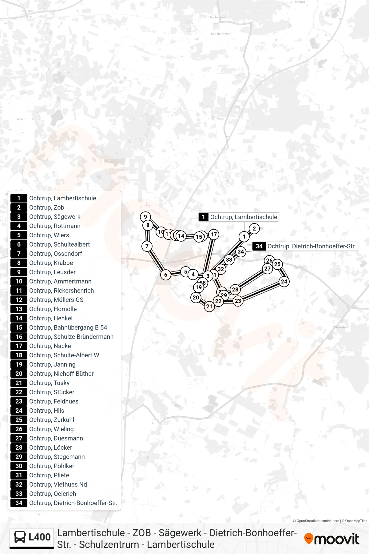 L400 bus Line (Ochtrup, Dietrich-Bonhoeffer-Str.) route and stops on a map