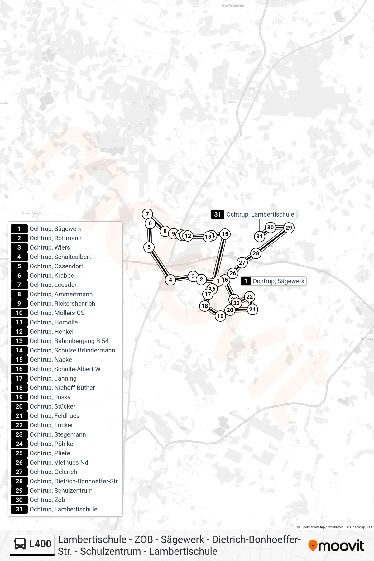 L400 bus Line (Ochtrup, Lambertischule) route and stops on a map