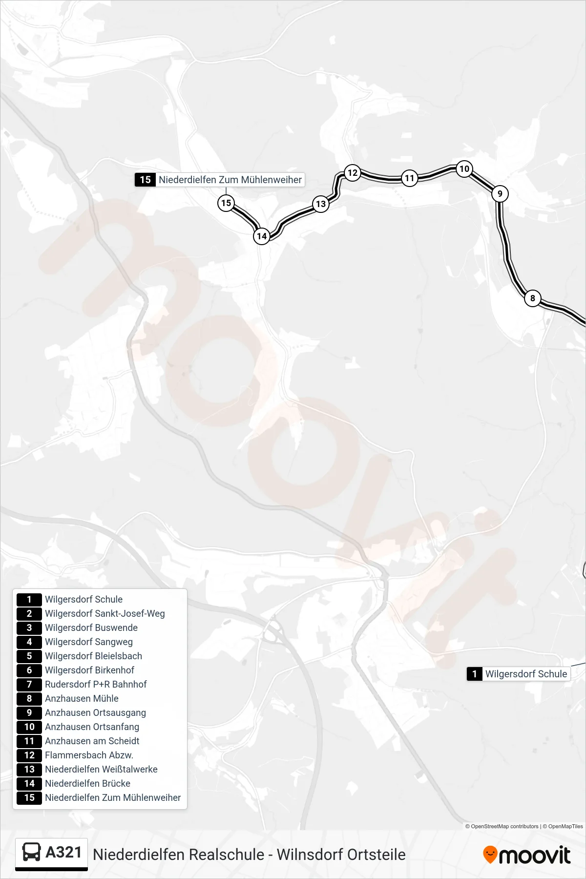 A321 bus Line (Niederdielfen Zum Mühlenweiher) route and stops on a map