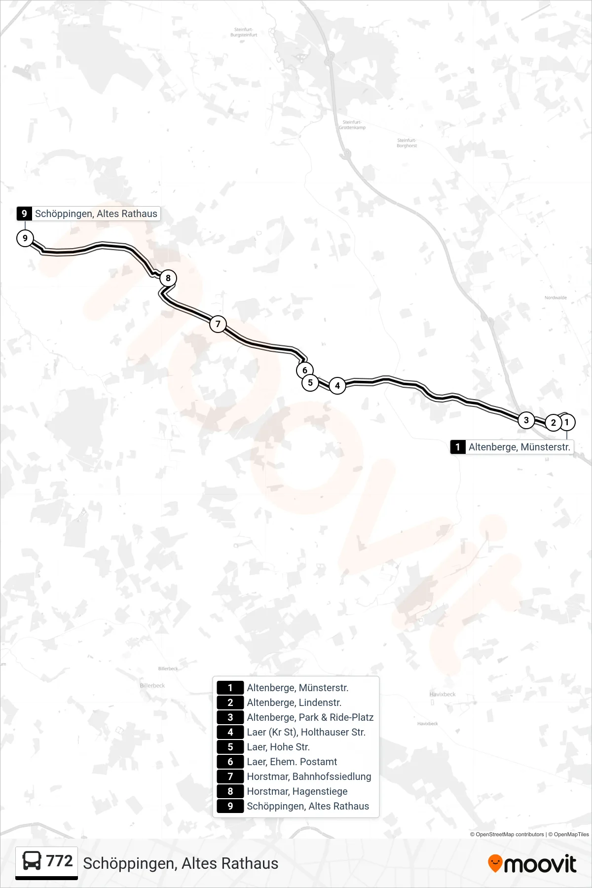 772 bus Line (Schöppingen, Altes Rathaus) route and stops on a map