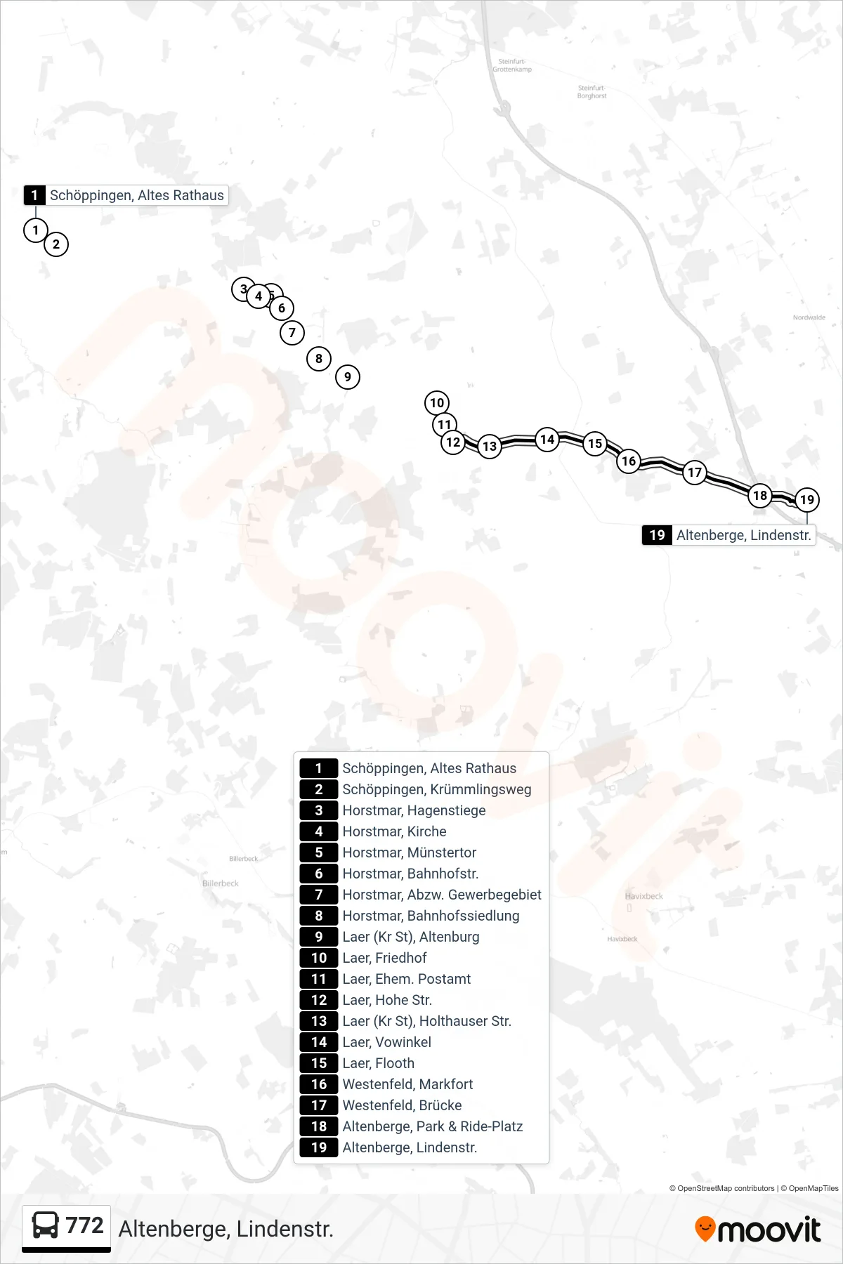 772 bus Line (Altenberge, Lindenstr.) route and stops on a map