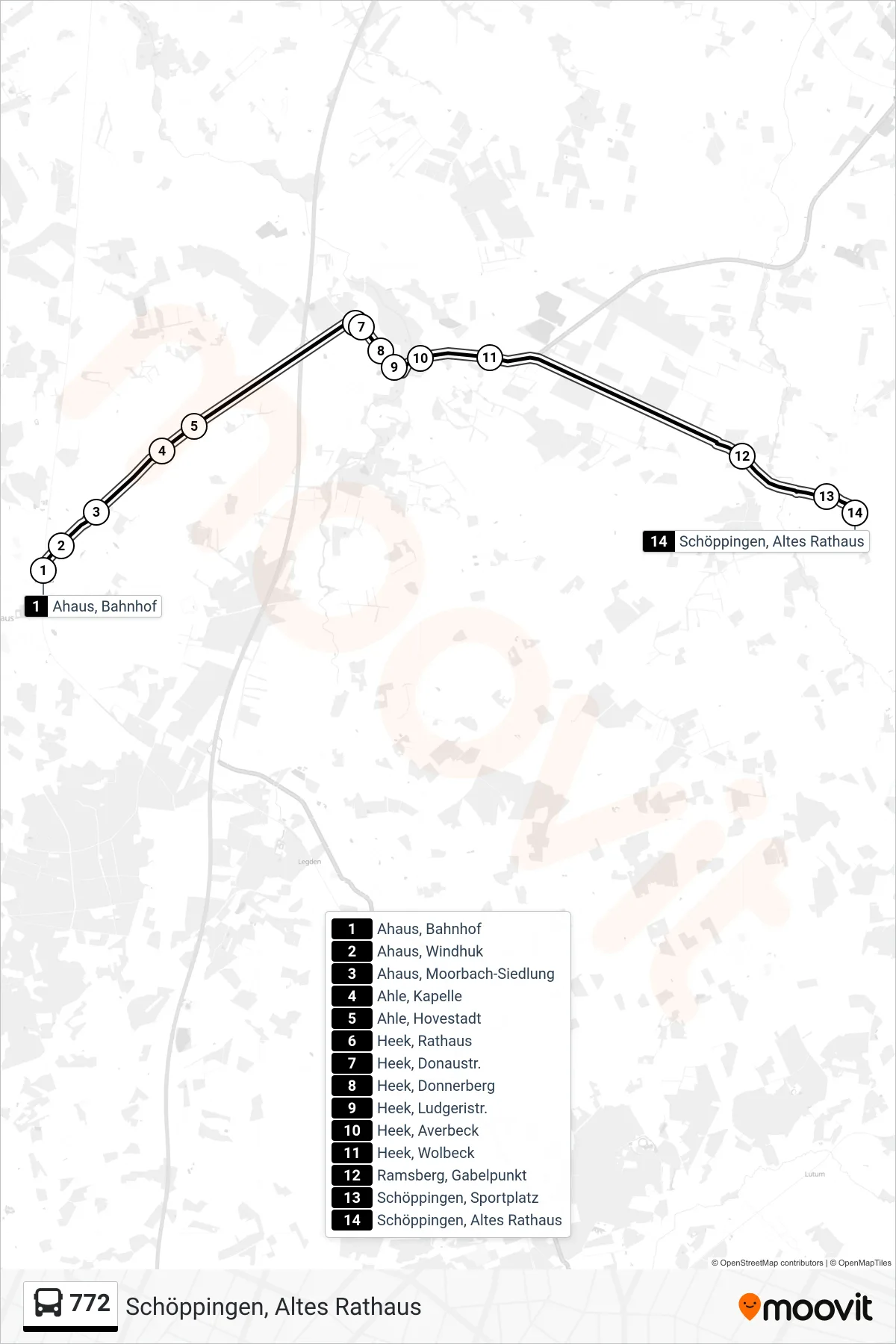 772 bus Line (Schöppingen, Altes Rathaus) route and stops on a map