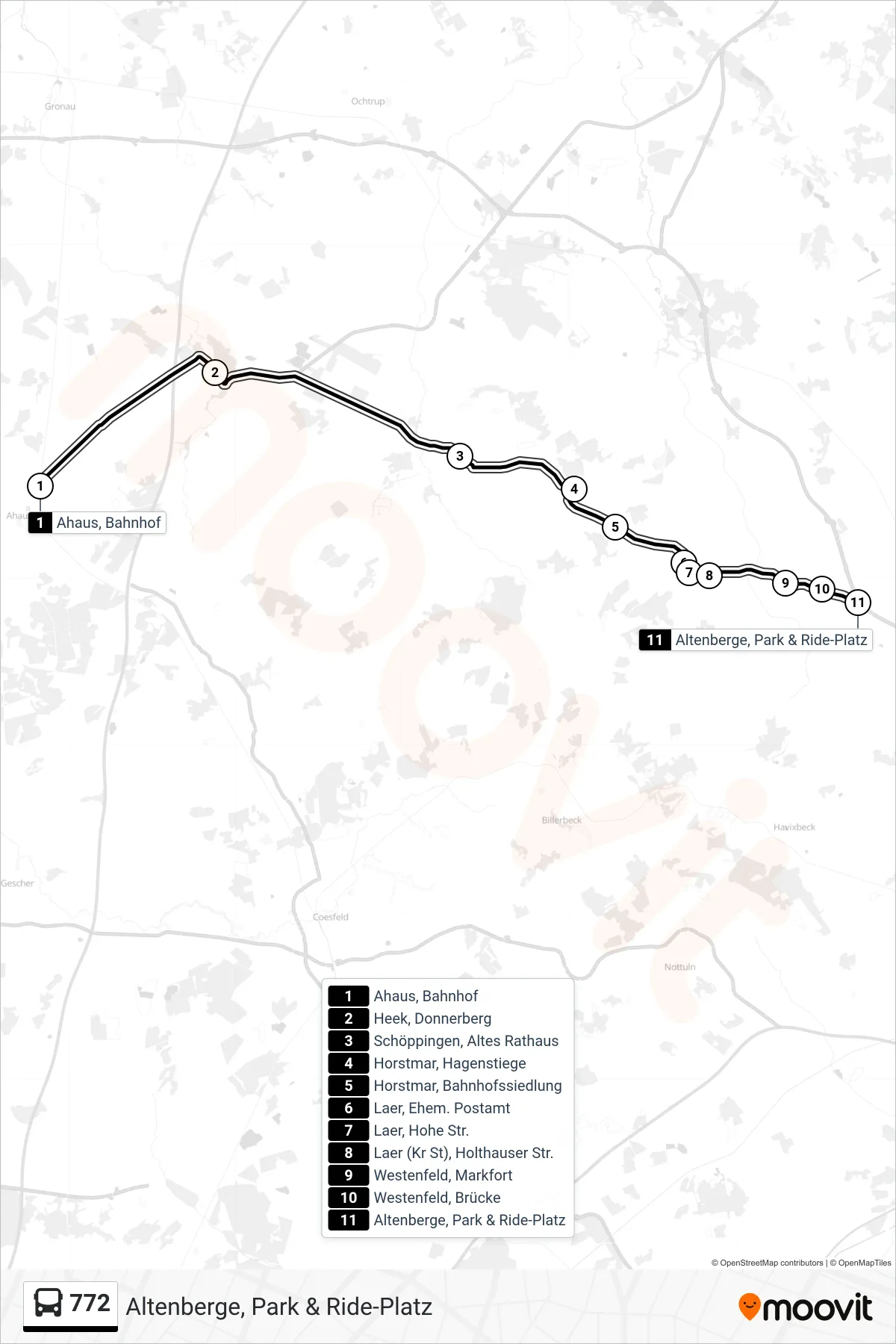 772 bus Line (Altenberge, Park & Ride-Platz) route and stops on a map