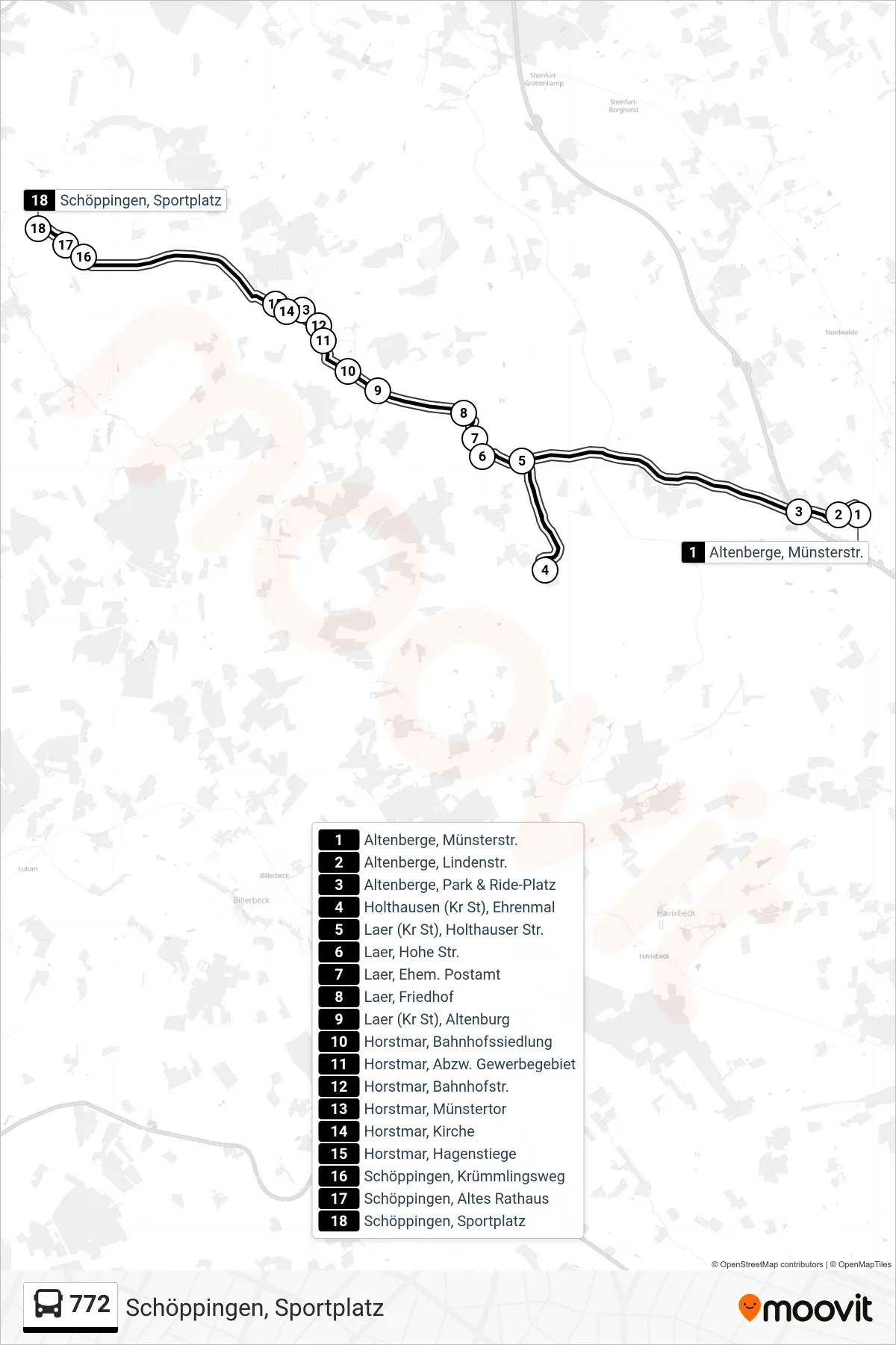 772 bus Line (Schöppingen, Sportplatz) route and stops on a map