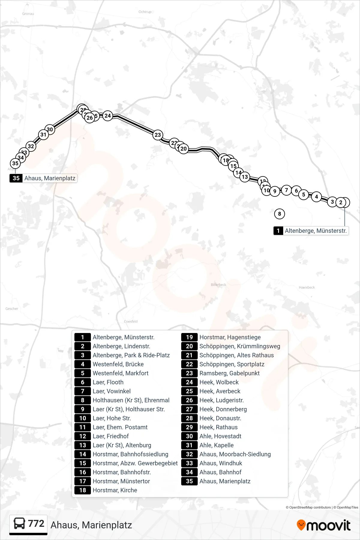 772 bus Line (Ahaus, Marienplatz) route and stops on a map