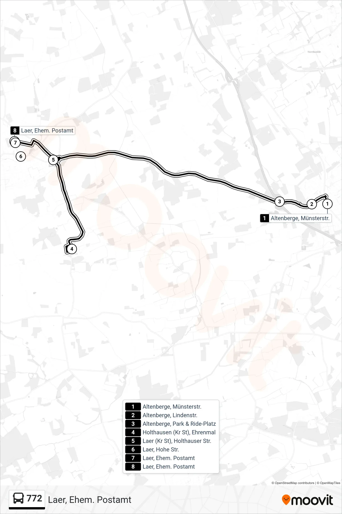 772 bus Line (Laer, Ehem. Postamt) route and stops on a map