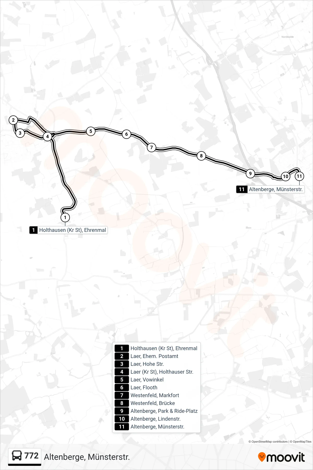 Linie 772 (Bus) Richtung Altenberge, Münsterstr.: Route und Haltestellen auf der Karte