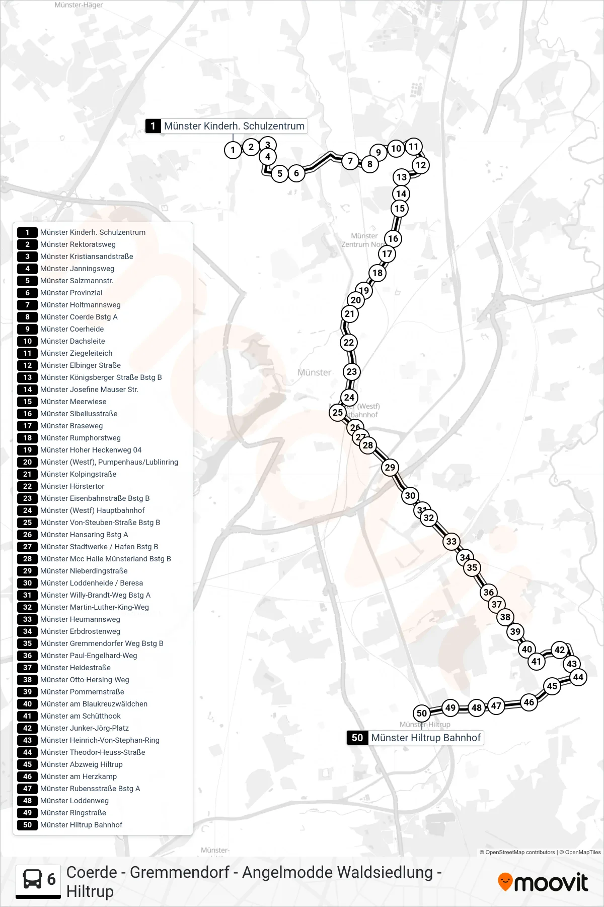 Linie 6 (Bus) Richtung Hiltrup Bahnhof: Route und Haltestellen auf der Karte