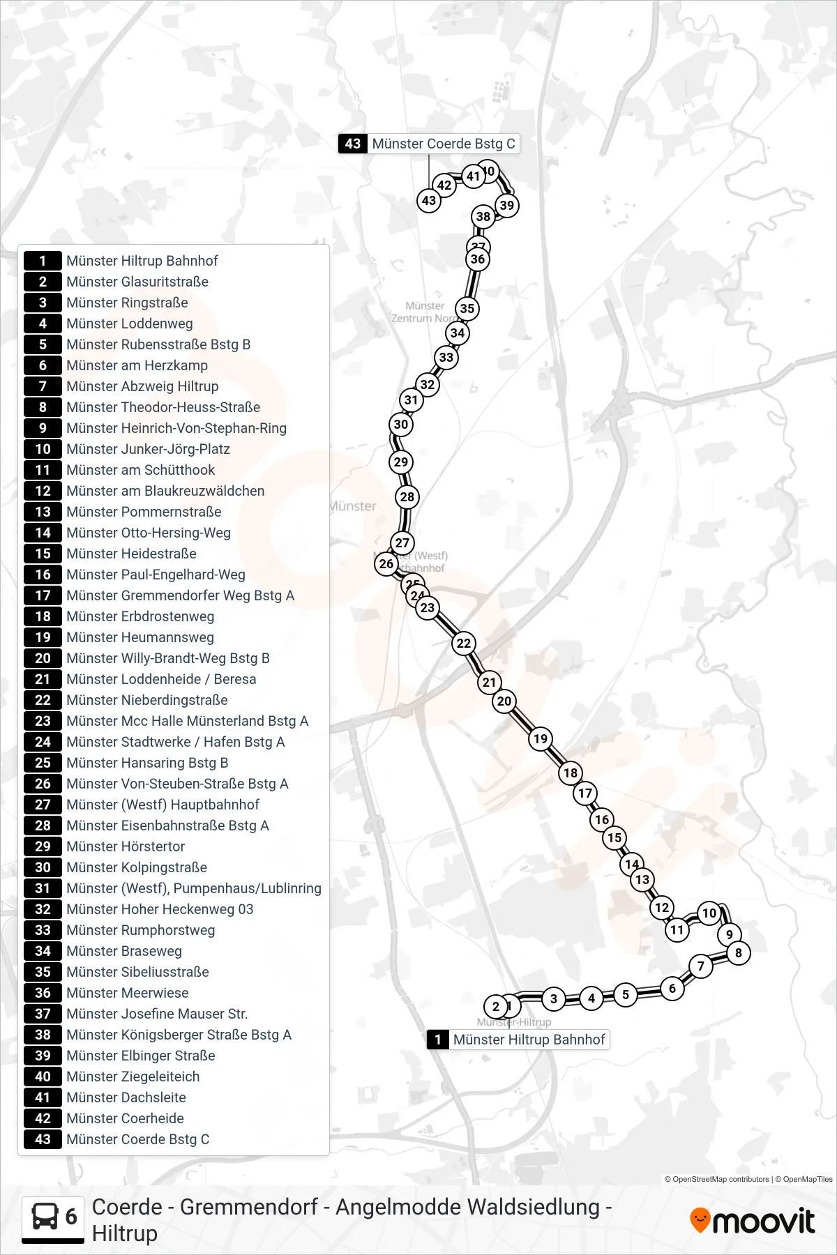 Linie 6 (Bus) Richtung Coerde: Route und Haltestellen auf der Karte