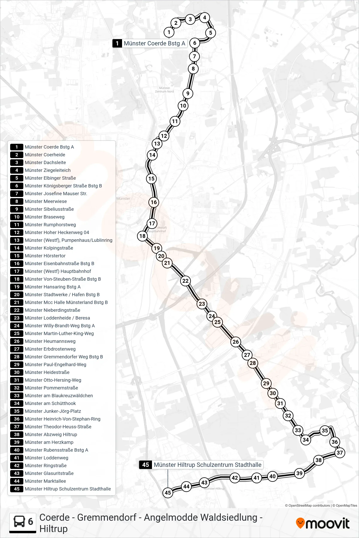 Linie 6 (Bus) Richtung Hiltrup Schulzentrum: Route und Haltestellen auf der Karte