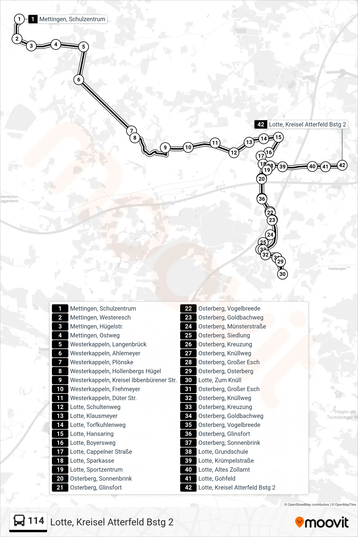 114 bus Line (Lotte, Kreisel Atterfeld Bstg 2) route and stops on a map