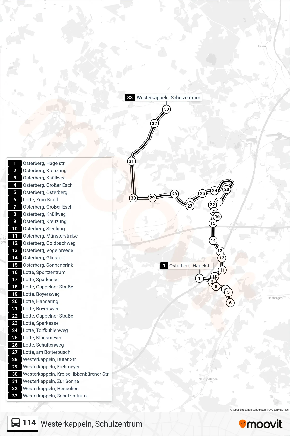114 bus Line (Westerkappeln, Schulzentrum) route and stops on a map
