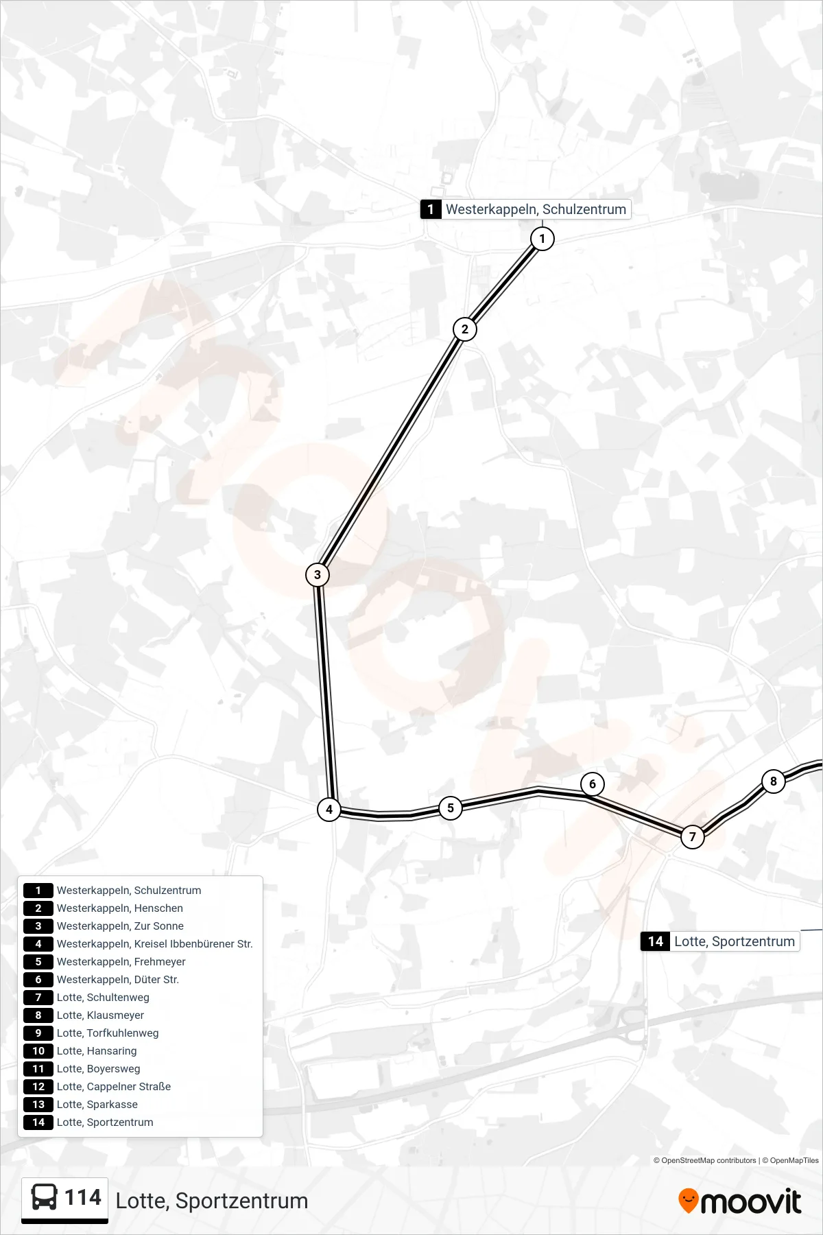 114 bus Line (Lotte, Sportzentrum) route and stops on a map