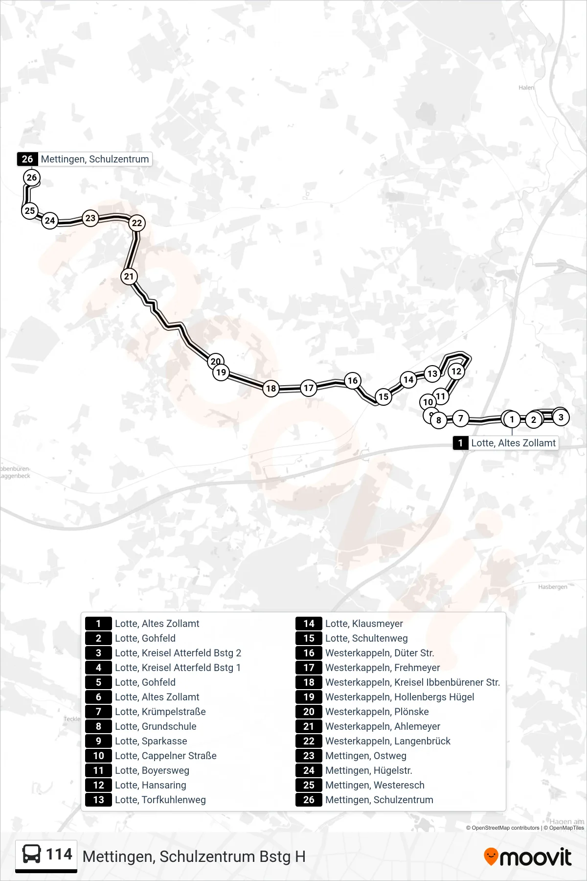 Linie 114 (Bus) Richtung Mettingen, Schulzentrum Bstg H: Route und Haltestellen auf der Karte