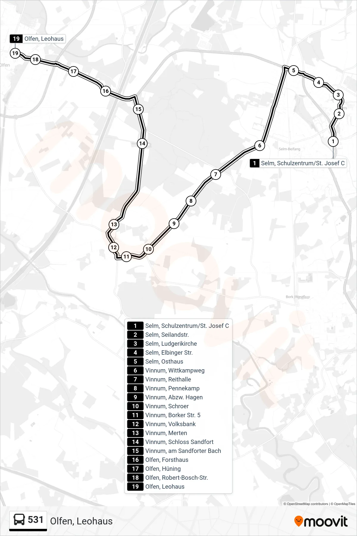 Linie 531 (Bus) Richtung Olfen, Leohaus: Route und Haltestellen auf der Karte