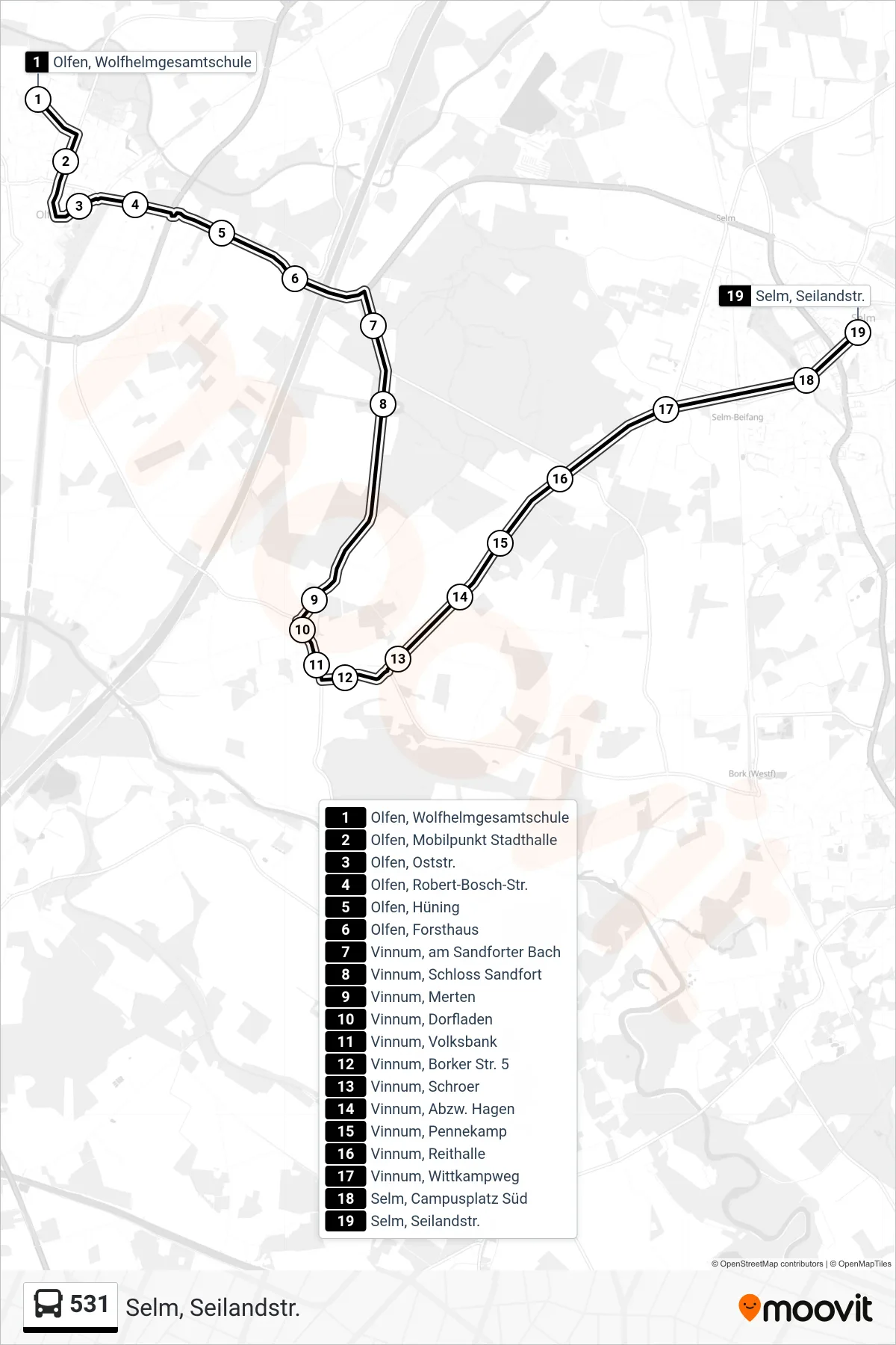 531 bus Line (Selm, Seilandstr.) route and stops on a map