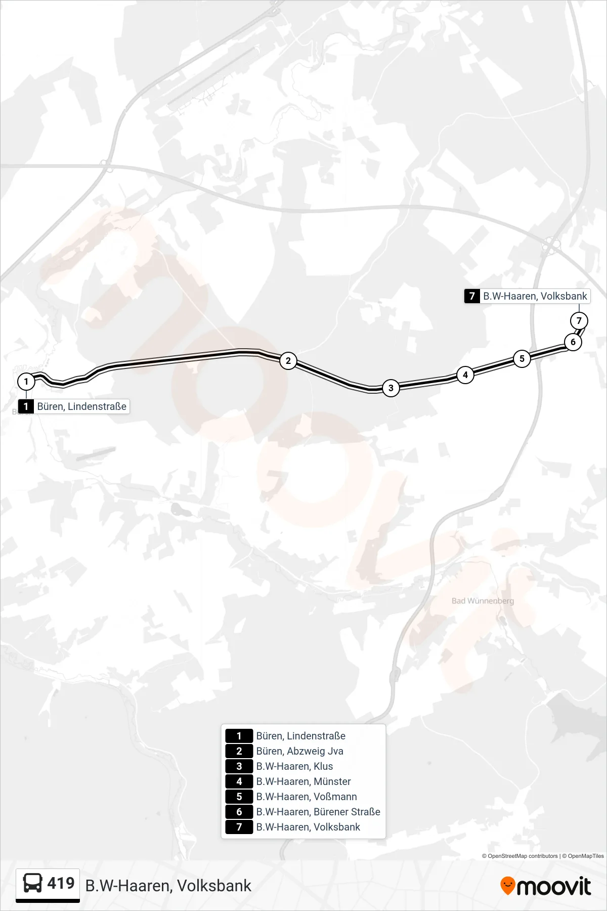 419 bus Line (B.W-Haaren, Volksbank) route and stops on a map