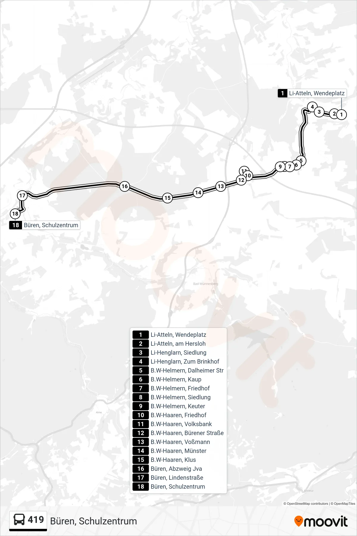 419 bus Line (Büren, Schulzentrum) route and stops on a map