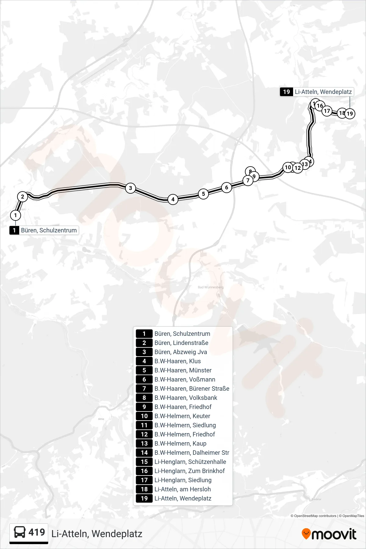419 bus Line (Li-Atteln, Wendeplatz) route and stops on a map