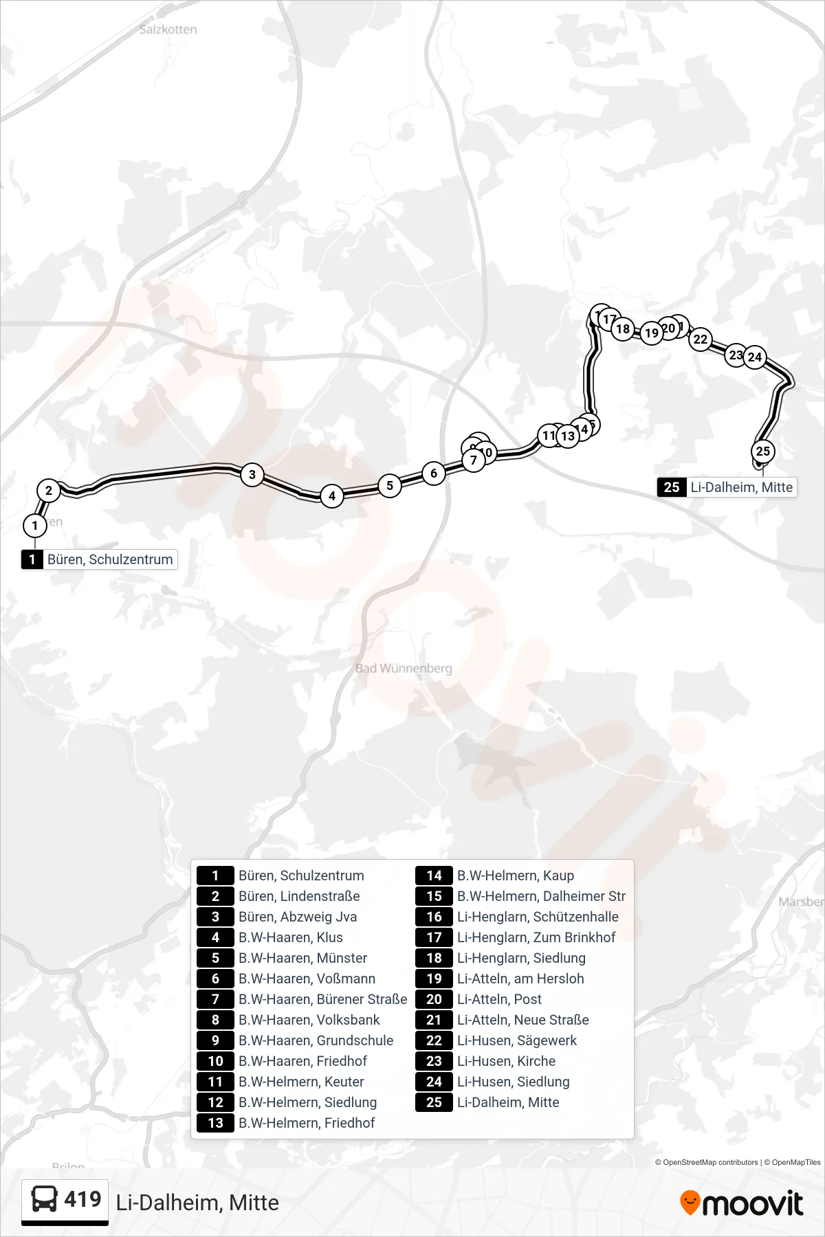 419 bus Line (Li-Dalheim, Mitte) route and stops on a map