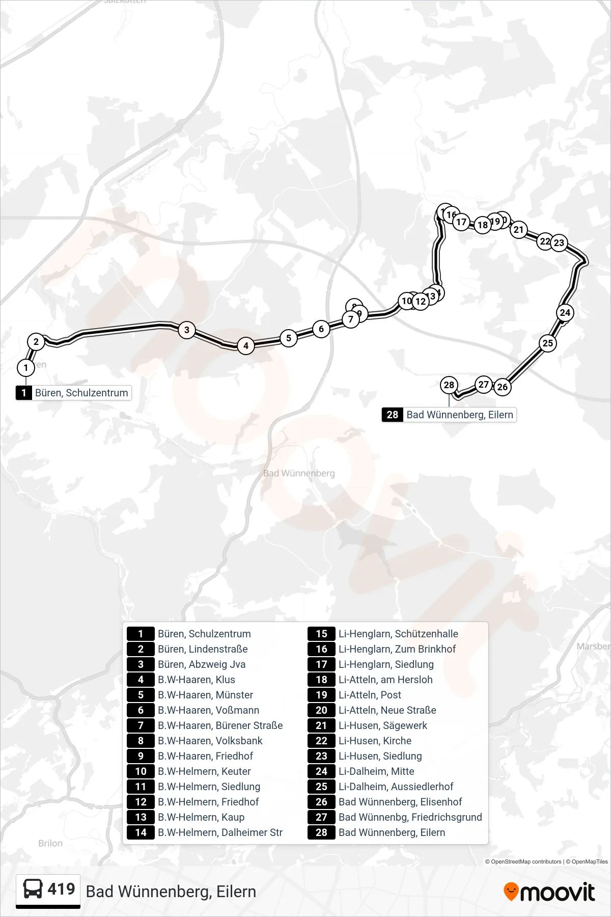 419 bus Line (Bad Wünnenberg, Eilern) route and stops on a map