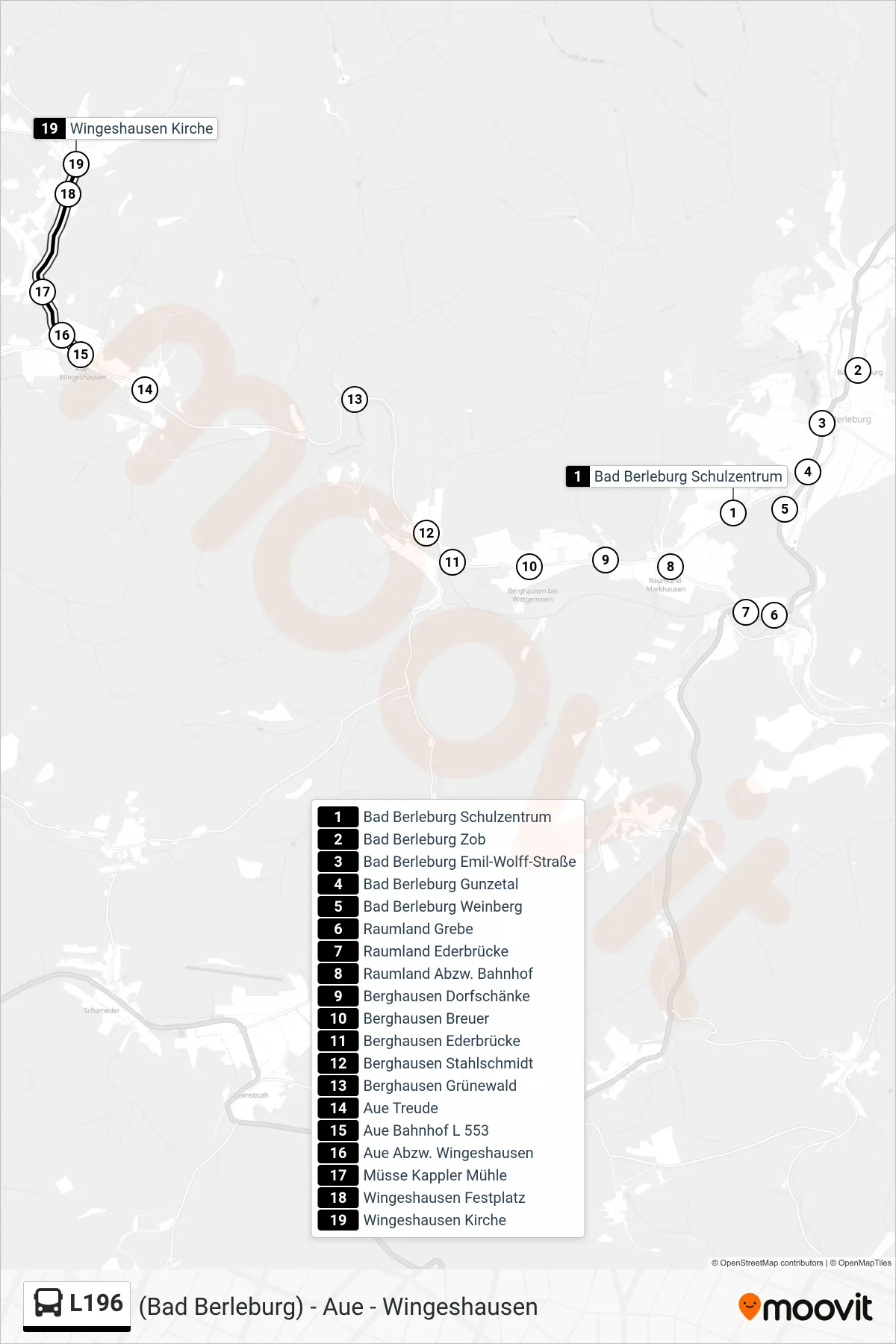 L196 bus Line (Wingeshausen Kirche) route and stops on a map